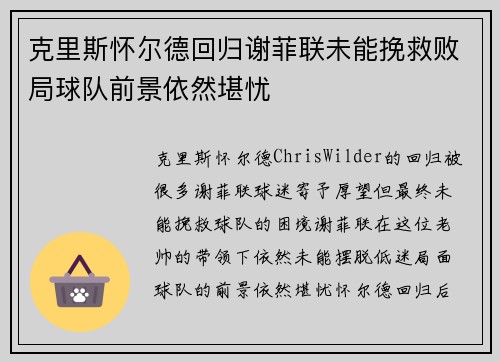 克里斯怀尔德回归谢菲联未能挽救败局球队前景依然堪忧