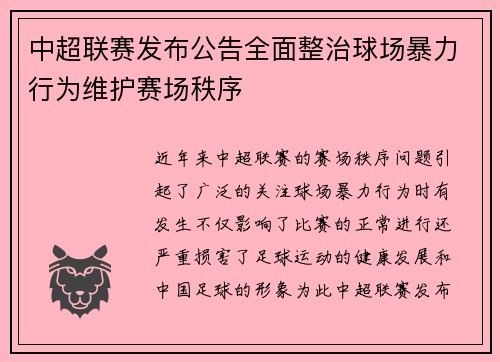 中超联赛发布公告全面整治球场暴力行为维护赛场秩序 中超联赛发布公告全面整治球场暴力行为维护赛场秩序